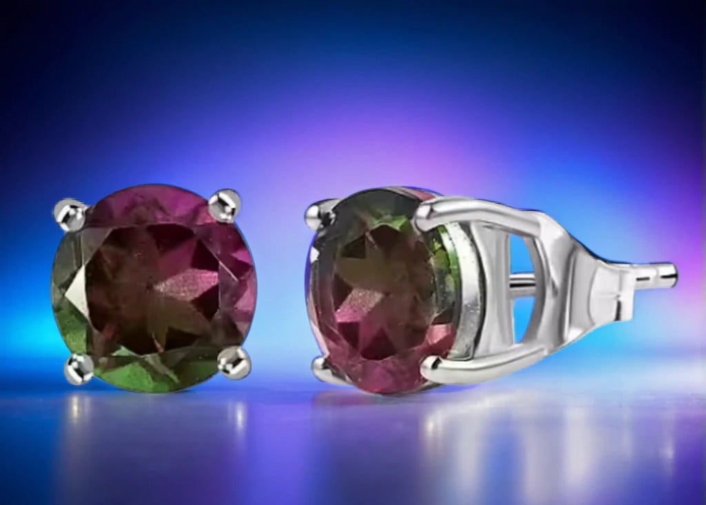 Watermelon Quartz Triplet Solitaire Stud Earrings