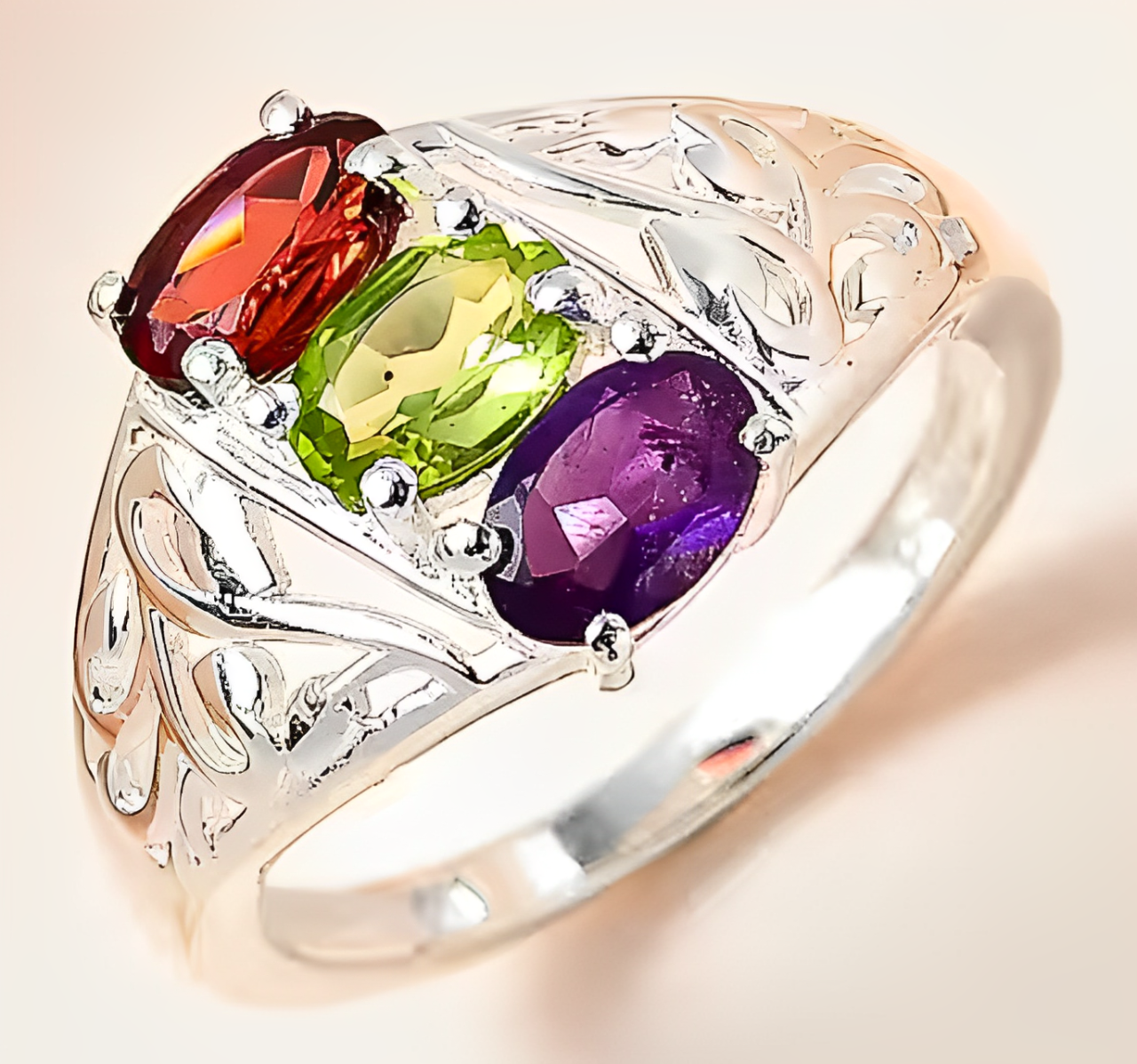 Amethyst, Hebei Peridot & Red Garnet Ring in Sterling Silver 1.52 Ct.