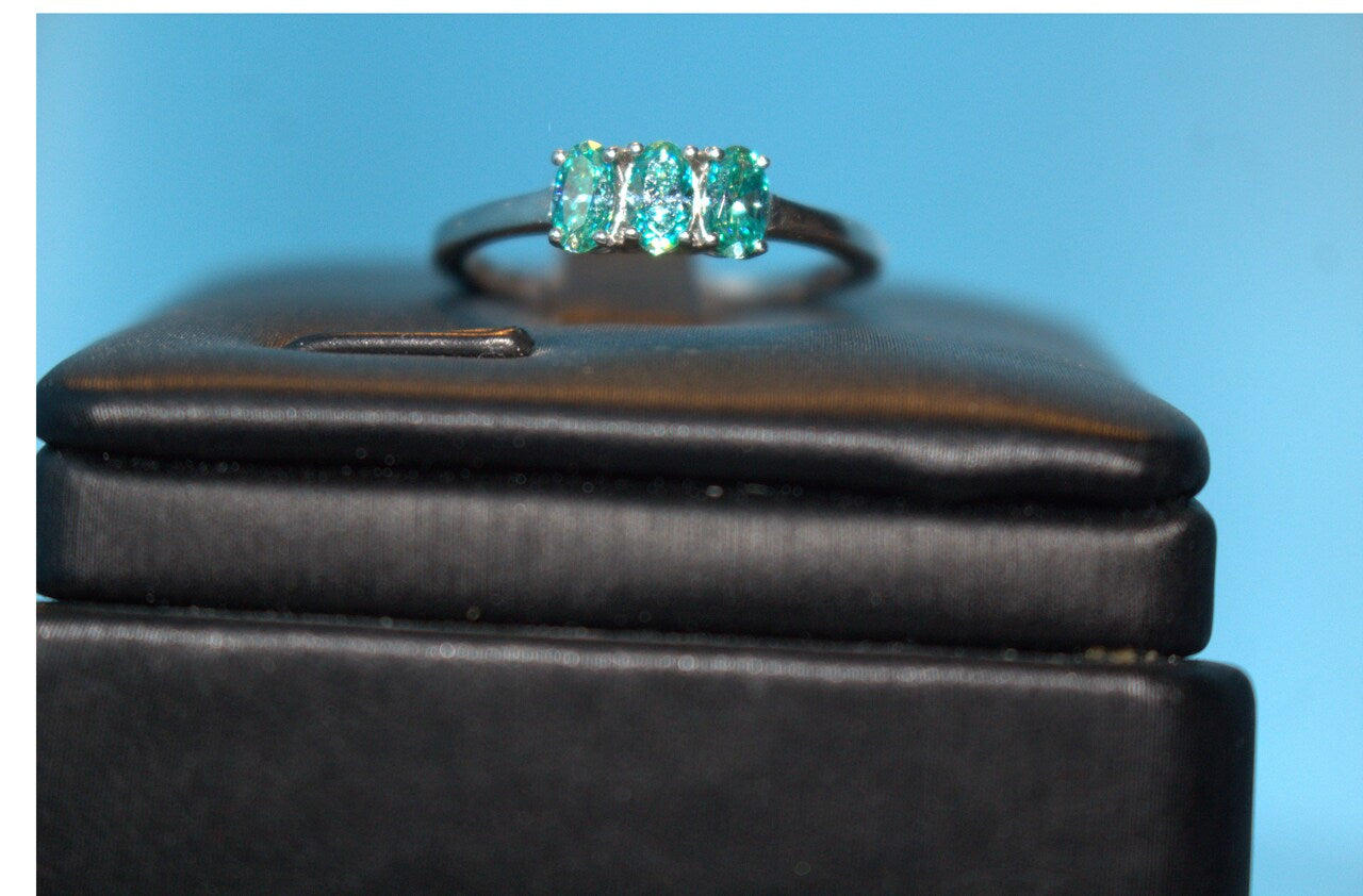 Premium Blue Moissanite 3 Stone Bypass Ring in Platinum Overlay Sterling Silver