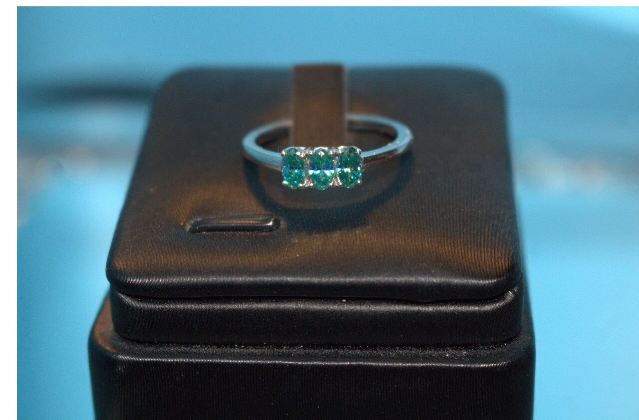 Premium Blue Moissanite 3 Stone Bypass Ring in Platinum Overlay Sterling Silver