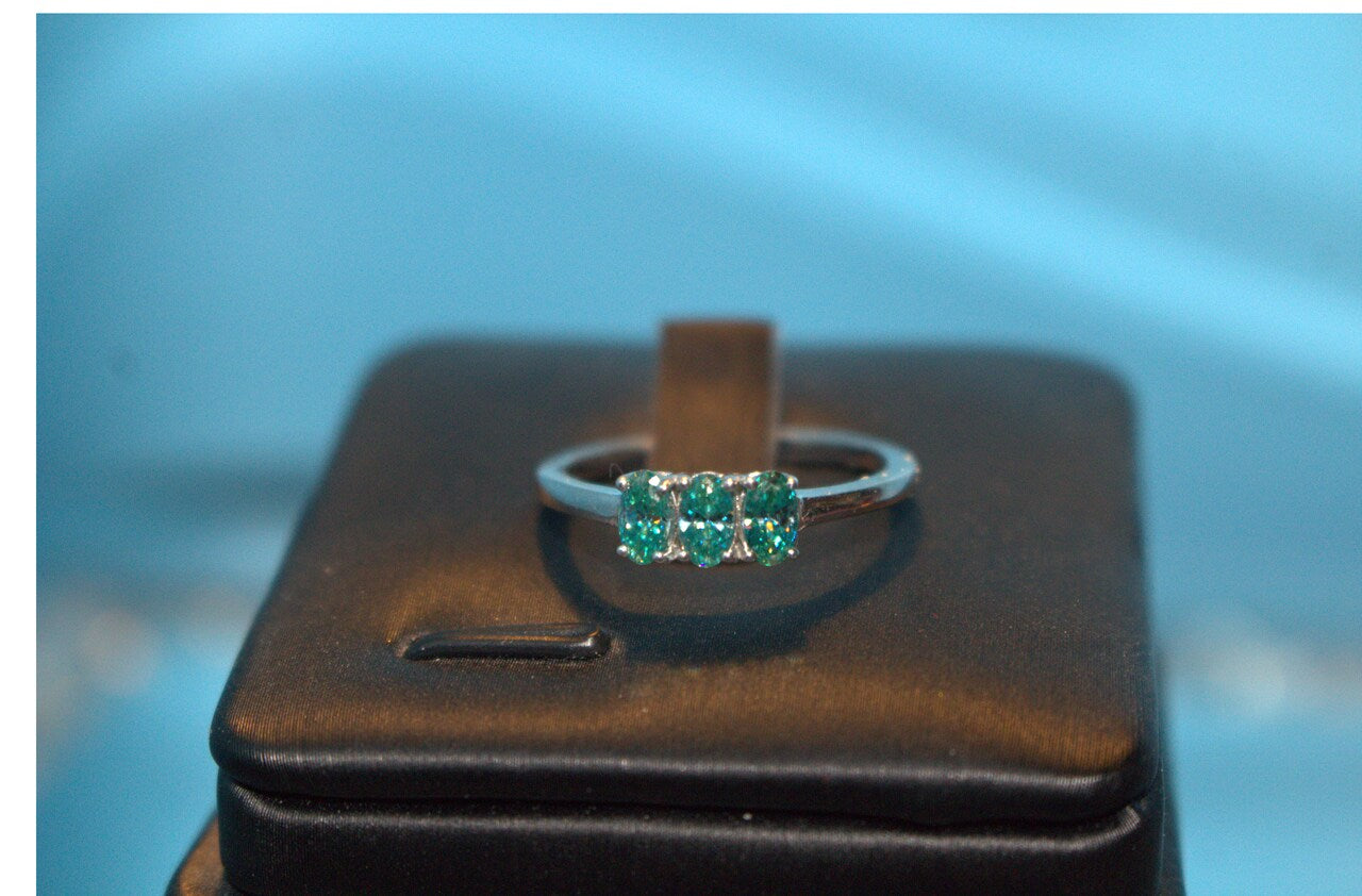 Premium Blue Moissanite 3 Stone Bypass Ring in Platinum Overlay Sterling Silver