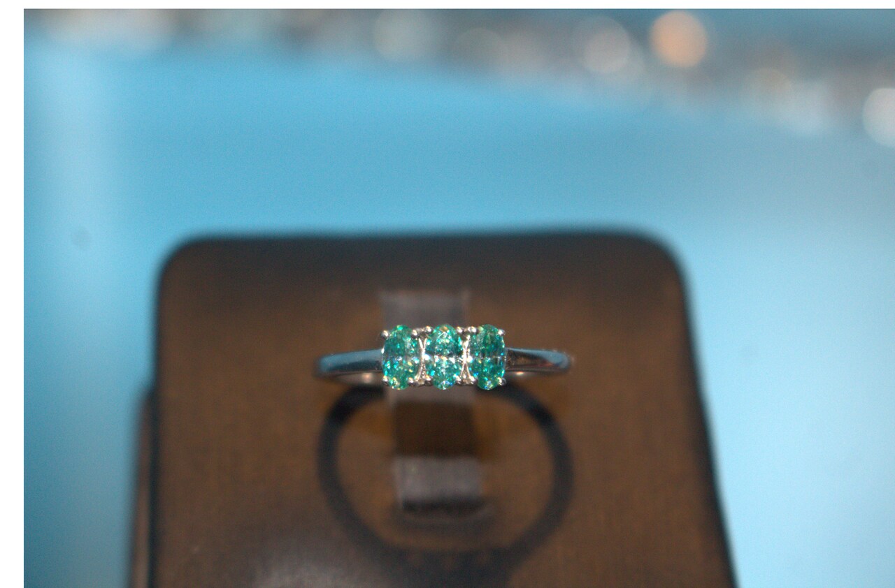 Premium Blue Moissanite 3 Stone Bypass Ring in Platinum Overlay Sterling Silver