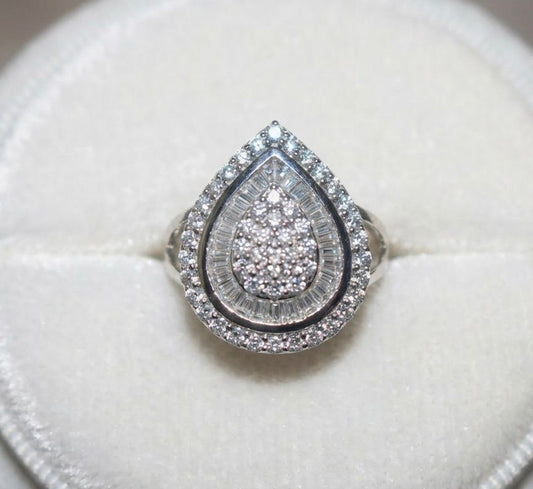 NY Closeout- Cubic Zirconia Teardrop Cocktail Ring in Rhodium Overlay Sterling Silver